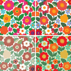 Seamless retro floral pattern in a bold 1960s/70s 'flower power' style. Dense, stylized flowers in vibrant orange, pink, red & blue. Cheerful, groovy design for fabric & home decor