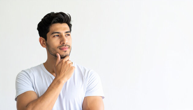 the image depicts a man with dark hair and a neatly trimmed beard, dressed in a plain tee. he is positioned against a solid white background