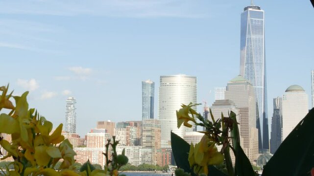New York City waterfront skyline, Manhattan Downtown Financial district, World Trade Center building, riverfront skyscrapers. From Paulus Hook, New Jersey. United States architecture. Hudson river.