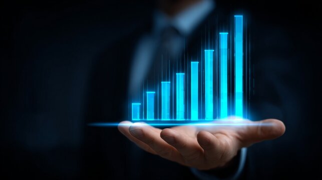 A businessman presenting a glowing performance graph in his hand to illustrate growth.