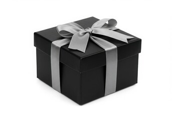Black gift box with silver ribbon and bow on top