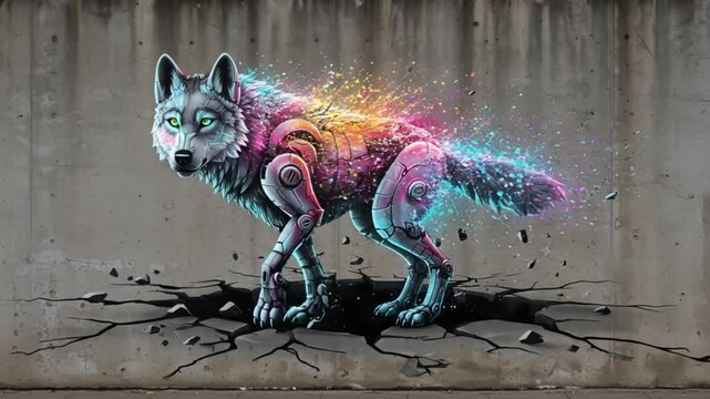 Cyberpunk Wolf Mural - Mechanical Canine with Glowing Circuits and Flames on Urban Wall 4K Video Footage