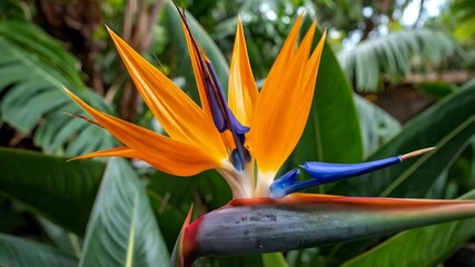 Exotic bird of paradise flower featuring vibrant orange petals and blue accents with lush green leaves in an outdoor setting - Powered by Adobe
