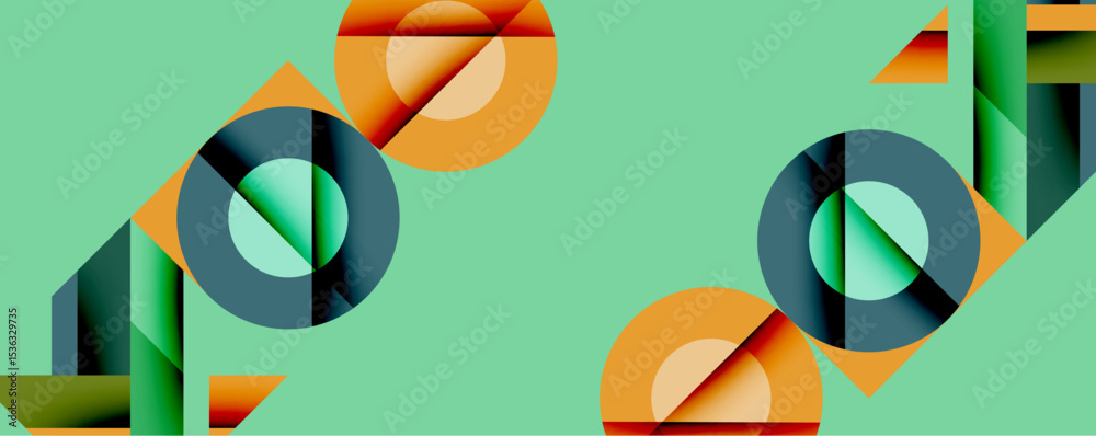 Poster Abstract geometric composition. Circles, triangles, rectangles overlap creating dynamic visual effect. Mint background enhances vibrant orange, teal hues. Modern design.