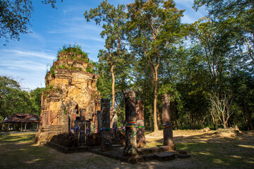 Naklejka premium Prasat Don Tual is a small ancient Khmer castle located on a high cliff on the Phanom Dong Rak mountain range near the Thai-Cambodian border. It is located in Sisaket Province, Thailand.