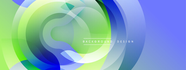 Abstract circular layers blend blue, green hues. Modern design evokes fluidity, movement, depth. Minimalist aesthetic creates calming visual impact.