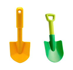 Yellow and green plastic children's toy shovels set for beach sand scooping on an isolated transparent background.