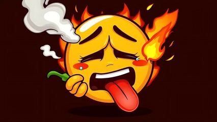 Cartoon Emoji Character with a Fire Burning on its Head and Steam Coming from its Mouth, Holding a Green Chili Pepper and Sticking Out its Tongue in Exaggerated Distress