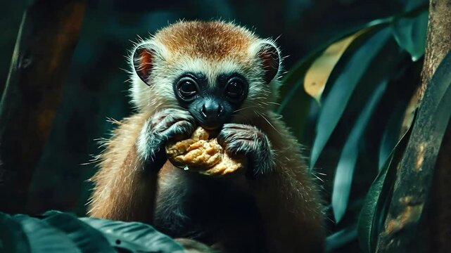 Tiny monkey eating nut in jungle foliage