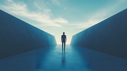 Man Walking Toward the Light at the End of a Concrete Corridor