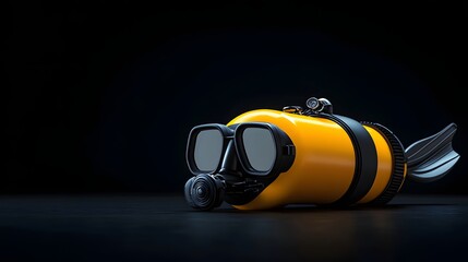 Yellow Scuba Diving Tank and Mask on Dark Background