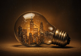 glowing city inside a light bulb . Generative AI