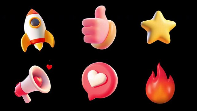 Colorful 3D emoji icons collection animation isolated asset, transparent 4K video, alpha channel, ProRes 4444 set
