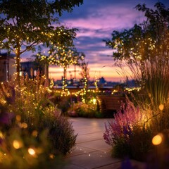 Evening Garden Lights Creating Magical Atmosphere on a Rooftop