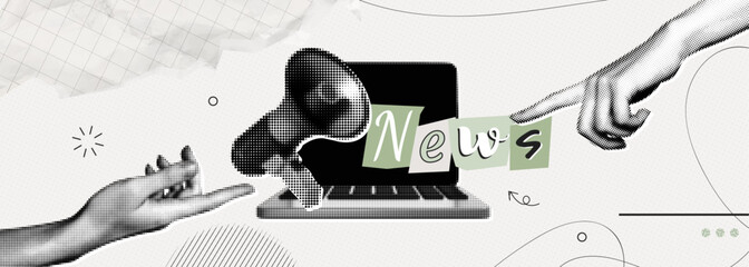 Obraz na płótnie Canvas Trendy Halftone Collage Hands with Megaphone and Ransom note style letters. Social media news and propaganda. Headline banner. Pop art design loudspeaker. Contemporary vector illustration art