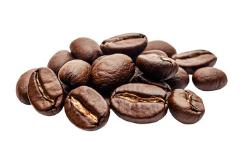 Obraz premium High-resolution group of roasted coffee beans isolated on transparent background PNG cutout, perfect for coffee packaging, café menus, and food photography composites
