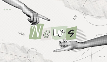 Trendy Halftone Collage Two Hands and Ransom note style letters. Social media news and propaganda. Headline banner or poster. Scrapbook typeface design. Contemporary vector illustration art