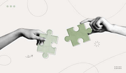 Trendy Halftone Collage Two Hands combine puzzle pieces. Teamwork and brainstorm concept. Business idea and solution. Partnership relationship. Contemporary vector illustration art