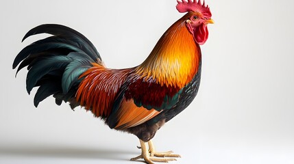 Intricately Detailed Image of a Majestic Red-Combed Rooster Crowning the Dawn in a Pristine White Studio with Dynamic Lighting and Vivid Contrasts