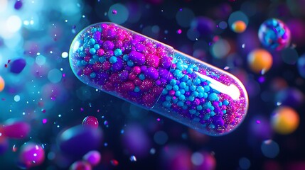 Vibrant Capsule Filled with Sparkling Pink and Blue Beads Floating in a Magical Space