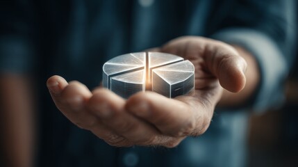 A hand holding a modern pie chart, symbolizing data analysis and business insights.