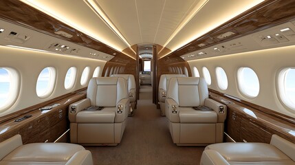 Luxury Private Jet Interior with Leather Seats and Wood Accents