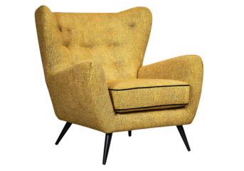 Mustard yellow mid century modern armchair black legs,On Transparent Background, Isolated on white