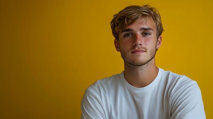 Obraz premium Portrait of a Young Man with Blonde Hair in Front of Yellow Backdrop