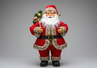 Obraz premium Santa claus figurine with gift bag on gray background