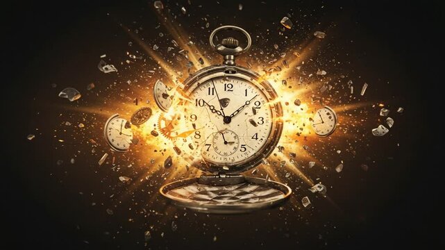 Exploding Pocket Watch with Shattered Pieces and Light