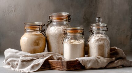 Artisan Jars Filled with Organic Flour on Wooden Board