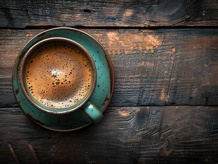  A frothy cup of dark coffee sits on a rustic wooden table © Aurora frame