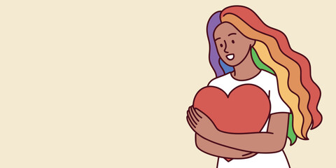 Black Woman with rainbow hair hugging red heart in warm tone layout, expressing love, support, and LGBT acceptance, banner, copy space
