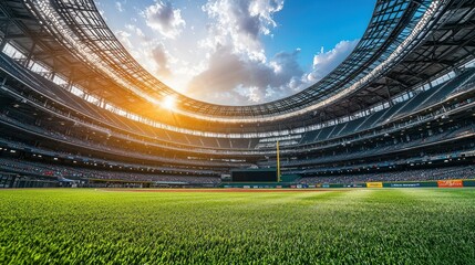 Wide indoor shot of a modern baseball stadium, bathed in warm sunlight, with a vibrant green field and numerous spectators