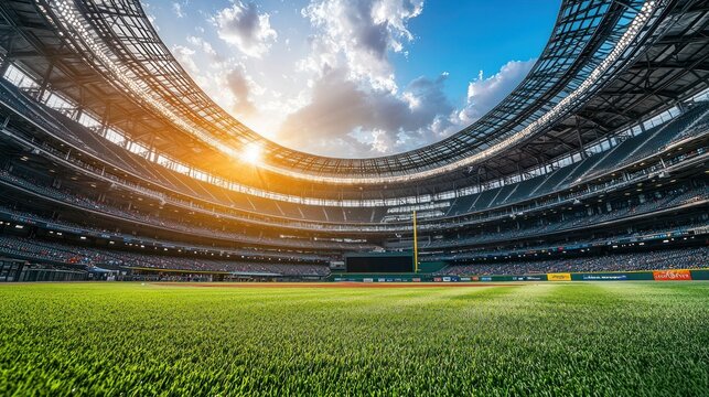 Wide indoor shot of a modern baseball stadium, bathed in warm sunlight, with a vibrant green field and numerous spectators