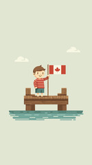 Simplistic scene: child at lake dock waving Canada flag