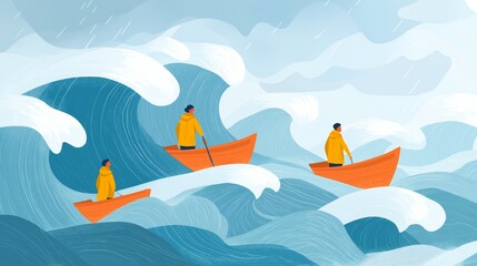In a conceptual illustration, figures in yellow raincoats navigate rough waters, symbolizing crisis intervention amid challenges, focusing on resilience and support