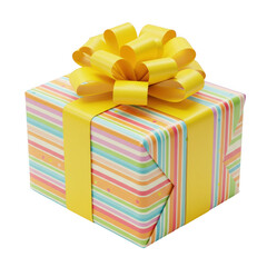 Colorful striped gift box with yellow bow isolated on transparent background