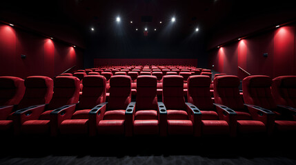 front view of plush red cinema chairs