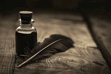 Black and white photo of a quill pen in an inkwell on a wooden desk, sepia tone, vintage style.