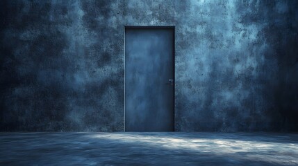 Mysterious Blue Door in Empty Room with Concrete Walls, Abstract