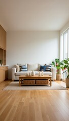 Light Beige Sofa Blue Striped Pillows Wooden Coffee Table Light Wood Floor