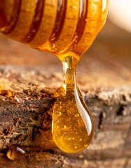 Macro close-up of thick, golden honey slowly dripping from a dipper onto a rough textured wooden...