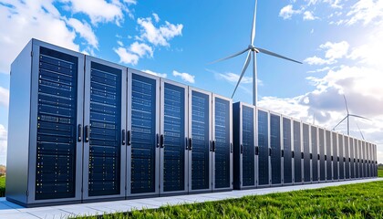 Obraz premium Modern Data Center with Wind Turbines Sustainable Energy and Technology.