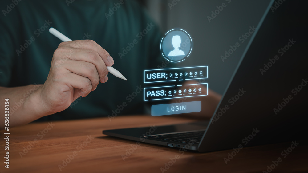 Leinwandbilder Man using a pen pointing for login screen with username and password fields on a laptop. Concept of technology and information security, login methods, cybersecurity and user identity protection.