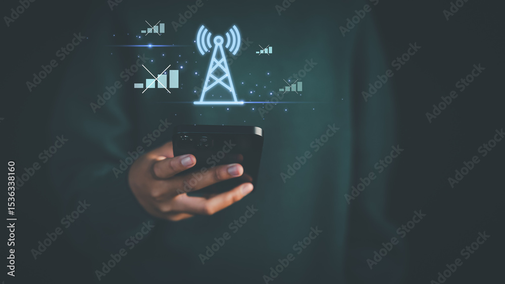Aufkleber The mobile network is not working. Hand holding a smartphone with glowing signal tower and disconnected icons, illustrating network issues, weak signal, or no connection concept.