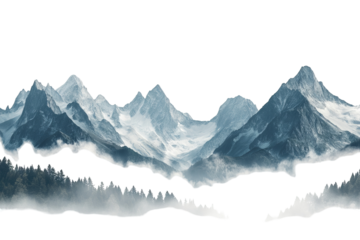 High-resolution panoramic mountain range PNG cutout with transparent background, ideal for seamless landscape overlays, outdoor design projects, digital collages and nature-inspired graphic
