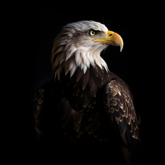 Obraz premium A full-body Bald Eagle perches majestically against a deep black background, in a striking studio portrait.
