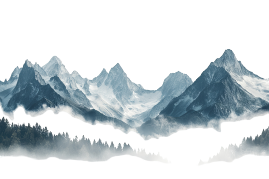 High-resolution panoramic mountain range PNG cutout with transparent background, ideal for seamless landscape overlays, outdoor design projects, digital collages and nature-inspired graphic - Powered by Adobe