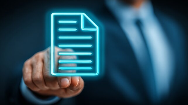A professional man holds a glowing digital document, symbolizing modern business practices.